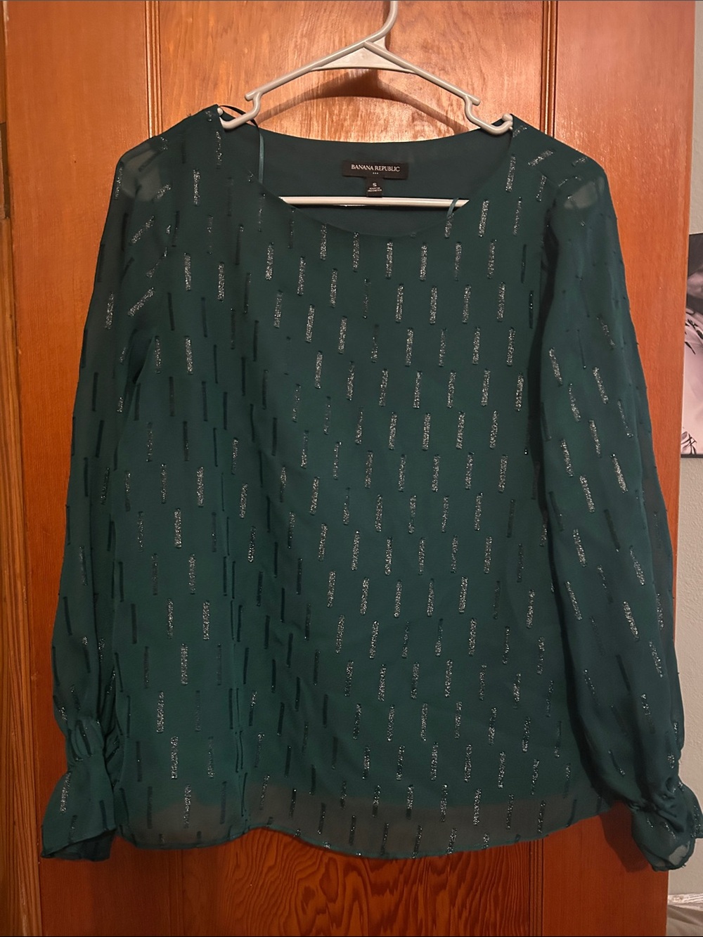 Banana Republic Deep Teal Sheer Blouse with Metallic Stripe Detail